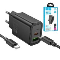 [y3332] CARICABATTEIRE Wall Charger Hoco N61 20W 3A 1 x USB-A - 1 x USB-C with USB-C Cable Black in Blister